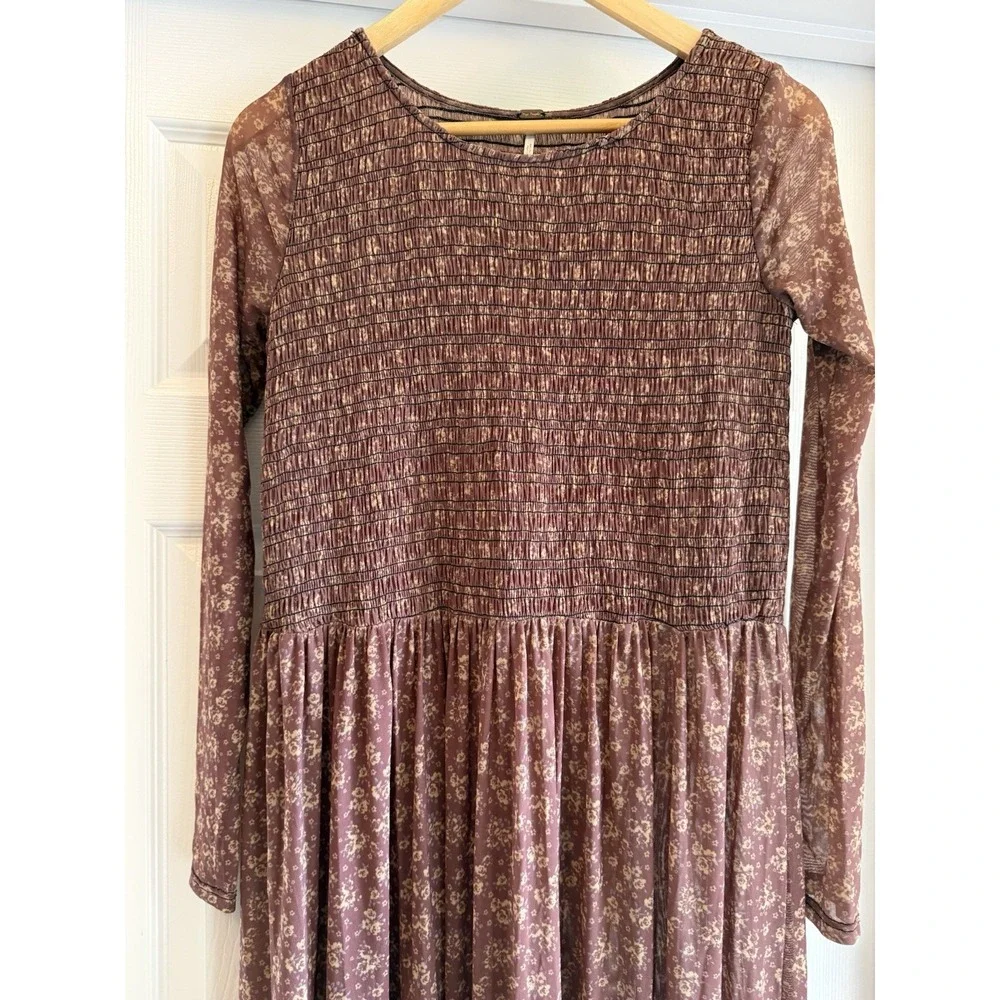 Free People Maxi Dress Womens XS Mauve Floral Smocked Mesh Long Sleeve Boho